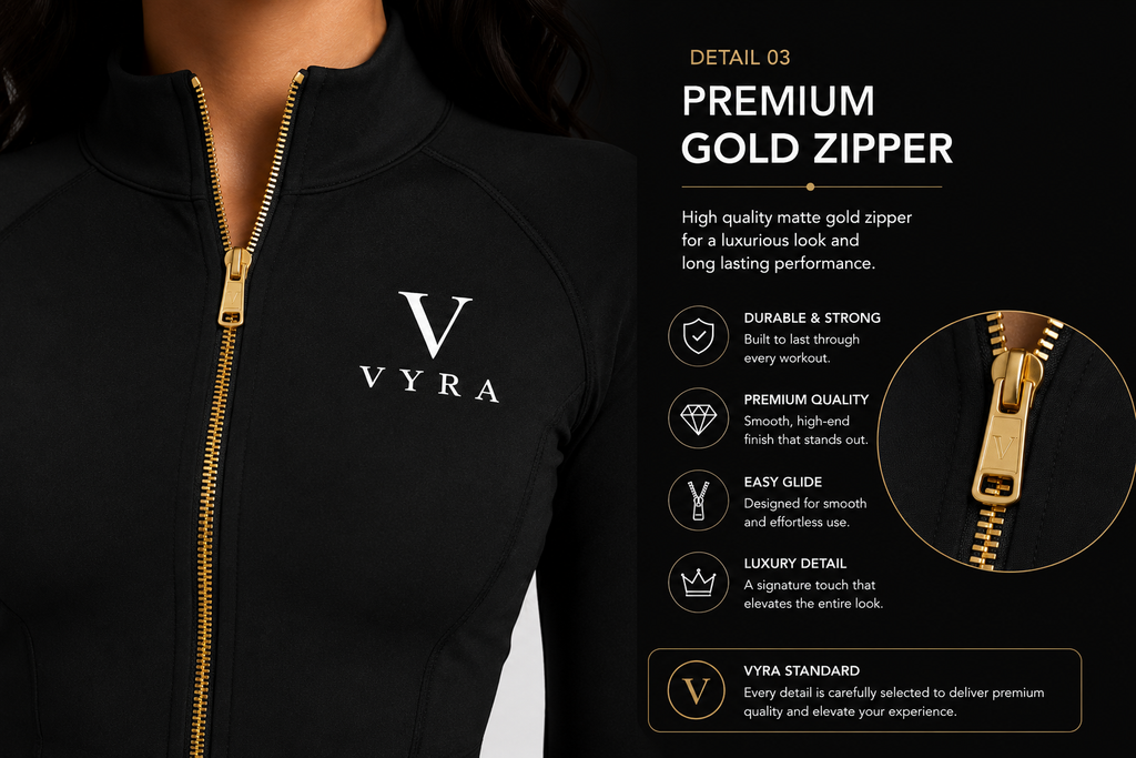 Close-up of a black zip-up jacket with a gold zipper and the VYRA logo on the chest, alongside marketing text reading 'PREMIUM GOLD ZIPPER' and a circular inset showing the zipper detail.