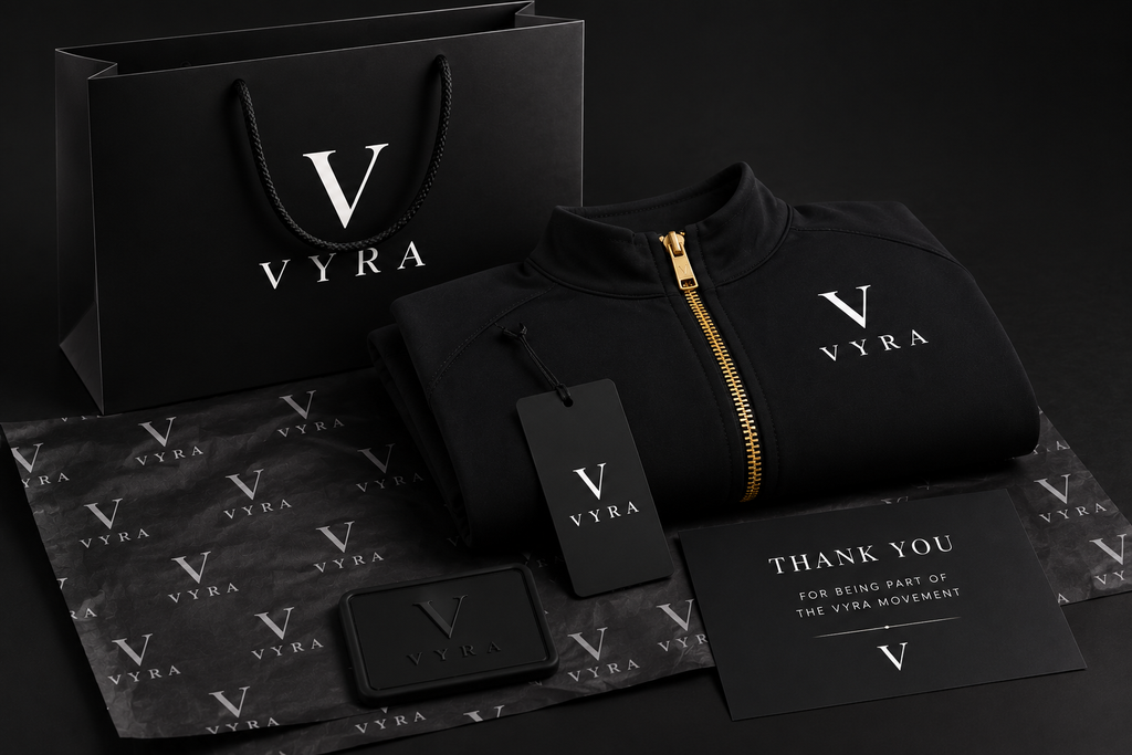 A luxury black apparel and gift set from VYRA, featuring a folded black zip-up jacket with a gold zipper and white logo, a black shopping bag, a branded gift box, a hangtag, a leather cardholder, and a thank you card on a dark background.
