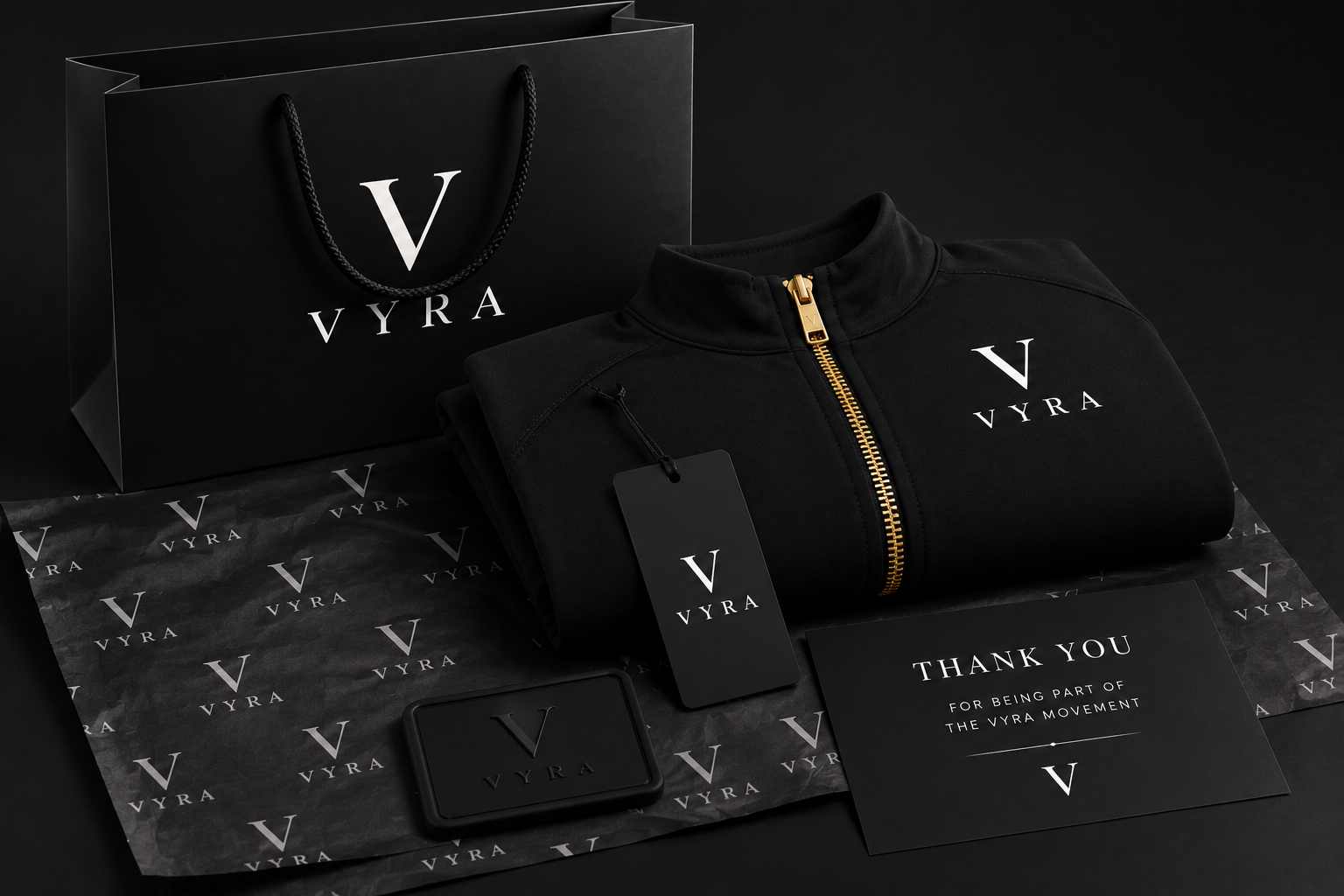 A luxury black apparel and gift set from VYRA, featuring a folded black zip-up jacket with a gold zipper and white logo, a black shopping bag, a branded gift box, a hangtag, a leather cardholder, and a thank you card on a dark background.