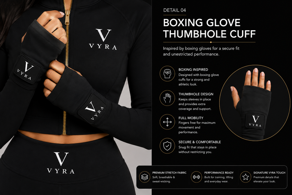 Black VYRA boxing glove thumbhole cuff shown on a model, with product features listed on the right against a black background.
