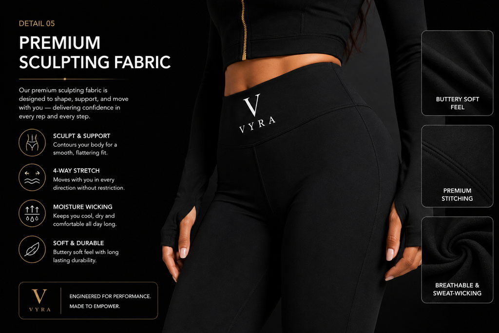 Black athletic leggings with a gold zipper and a white VYRA logo on the hip, shown on a model against a black background with feature callouts and fabric swatches.