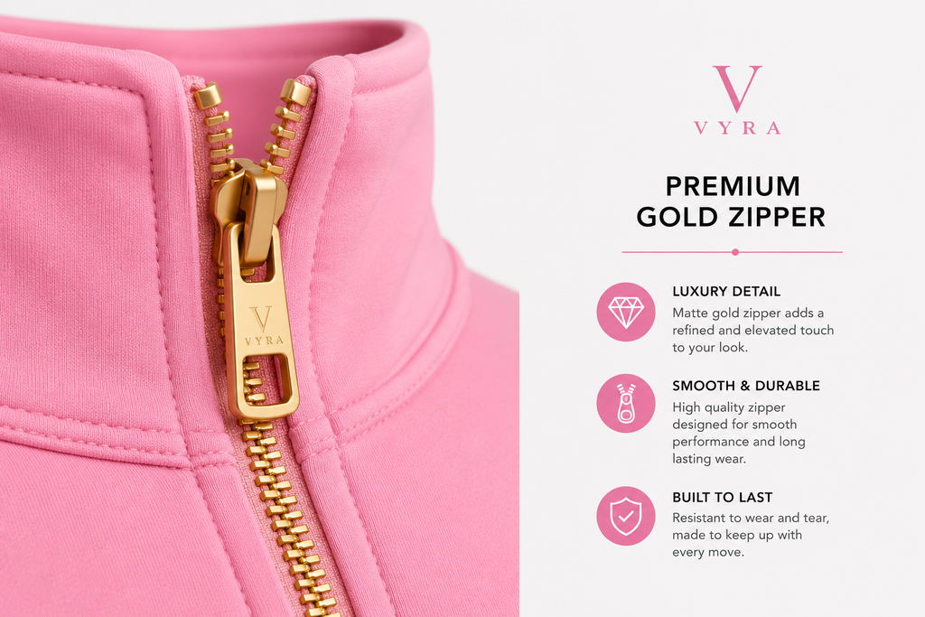 Close-up of a pink garment with a gold zipper, alongside text describing the VYRA premium gold zipper features on a light gray background.