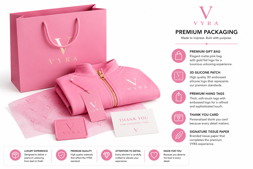 A luxury pink VYVRA premium gift set featuring a large pink shopping bag, a matching zippered pouch, a small pink box, a tissue paper card, and a thank you card, displayed alongside descriptive text callouts on a white background.