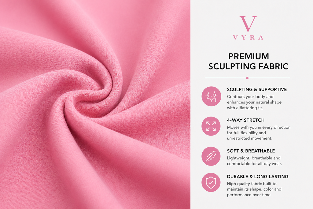 Pink VYRA premium sculpting fabric shown in a close-up swirled texture on the left, with product features and benefits listed on a white background on the right.