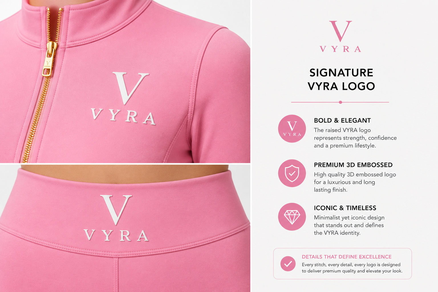 Pink VYRA zip-up jacket detail showing the white embroidered logo on the chest and a gold zipper, alongside a text panel describing the signature logo and features.